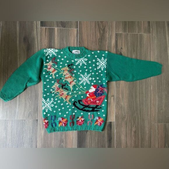 Vintage Knit cotton and ramie Green Christmas Sweater with Santa reindeer Design - Picture 1 of 10